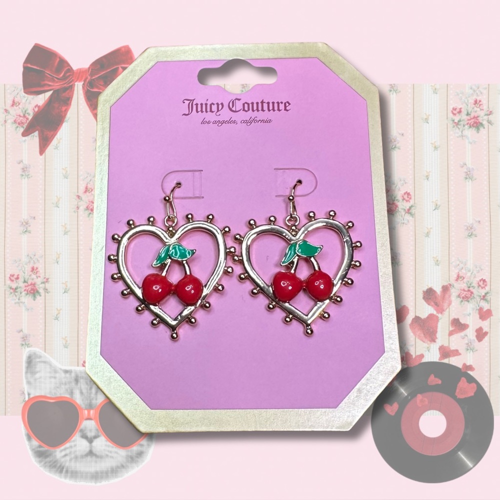 Juicy Couture Gold Heart Earrings with Red Cherries